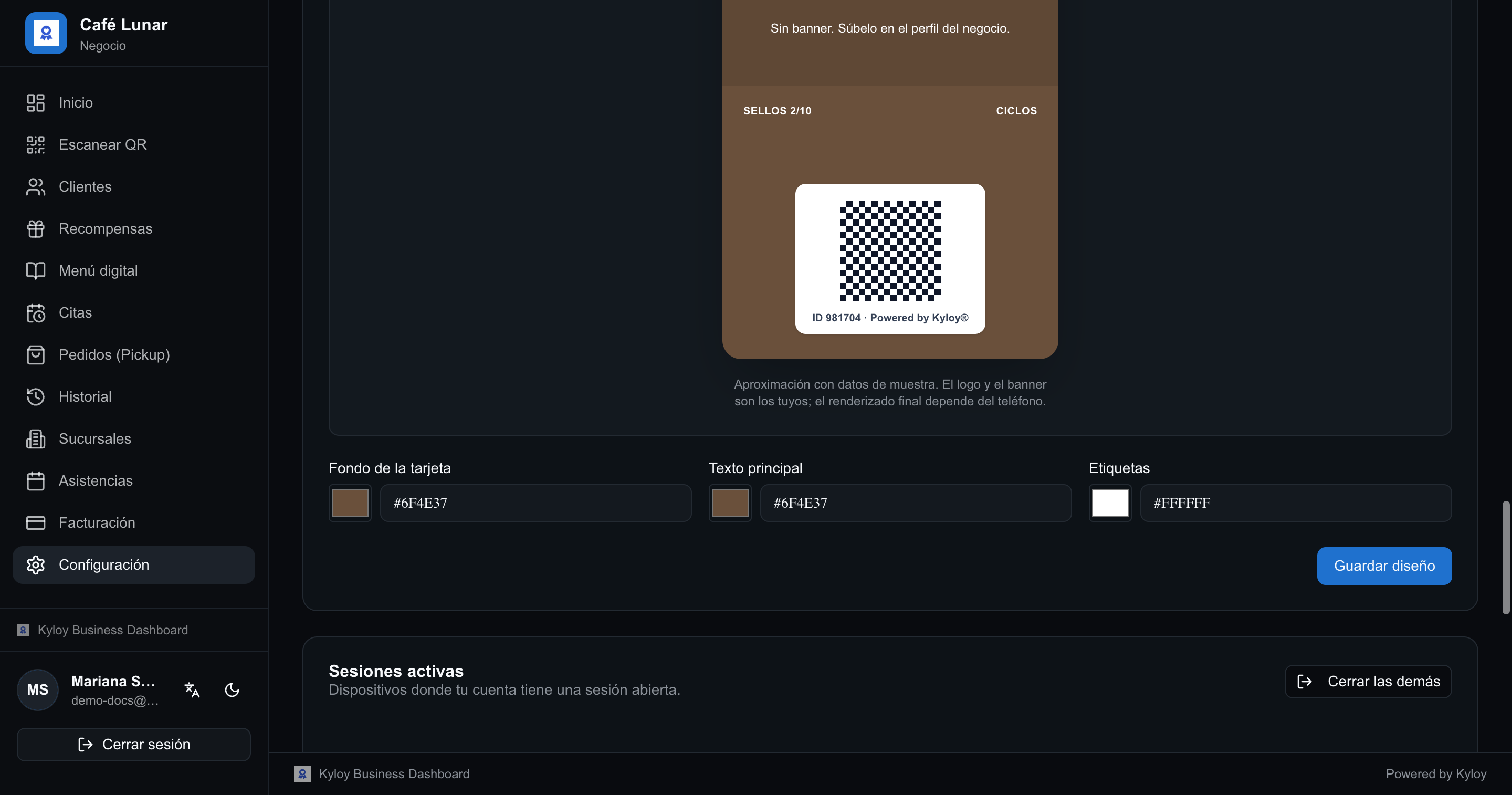 El diseño de la tarjeta digital, con su vista previa y los tres colores